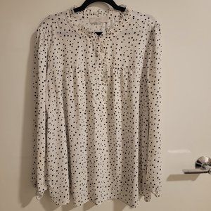 LOFT Plus Size 18 Mixed Media Black and White Polka Dot Long Sleeve Blouse